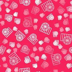 White line Golden leprechaun coin with clover trefoil leaf icon isolated seamless pattern on red background. Happy Saint Patricks day. National Irish holiday. Vector