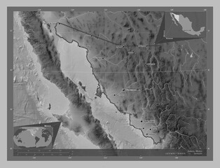 Sonora, Mexico. Grayscale. Labelled points of cities