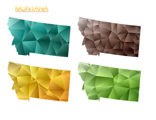 Set of vector polygonal maps of Montana. Bright gradient map of us state in low poly style. Multicolored Montana map in geometric style for your infographics. Authentic vector illustration.