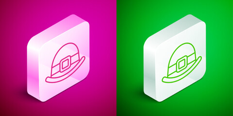 Isometric line Leprechaun hat icon isolated on pink and green background. Happy Saint Patricks day. National Irish holiday. Silver square button. Vector