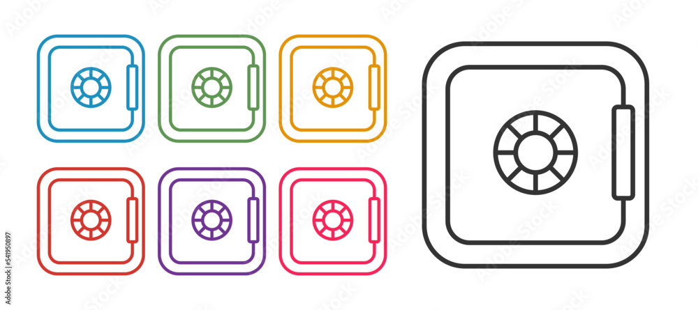 Poster set line safe icon isolated on white background. the door safe a bank vault with a combination lock.