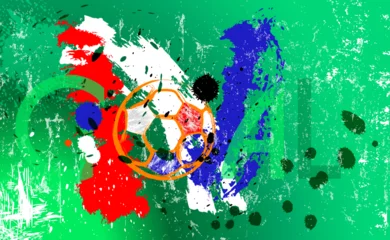 Foto op Plexiglas soccer or football illustration for the great soccer event, with paint strokes and splashes, netherlands national color © Kirsten Hinte