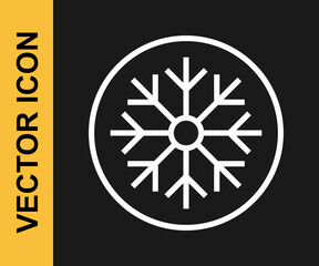 White line Snowflake icon isolated on black background. Merry Christmas and Happy New Year. Vector