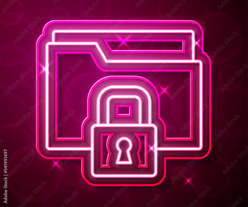 Poster glowing neon line folder and lock icon isolated on red background. closed folder and padlock. securi
