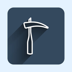 White line Scythe icon isolated with long shadow background. Happy Halloween party. Blue square button. Vector