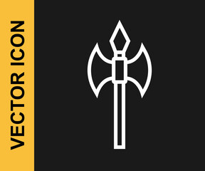 White line Medieval axe icon isolated on black background. Battle axe, executioner axe. Medieval weapon. Vector