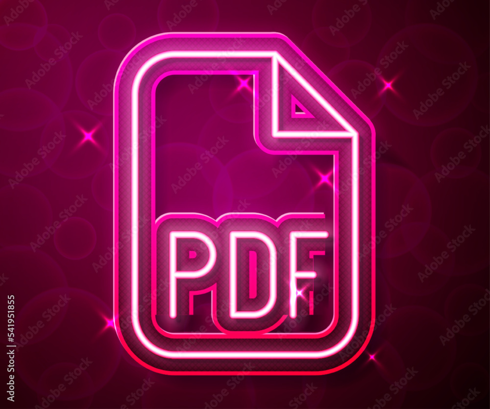 Poster glowing neon line pdf file document. download pdf button icon isolated on red background. pdf file s