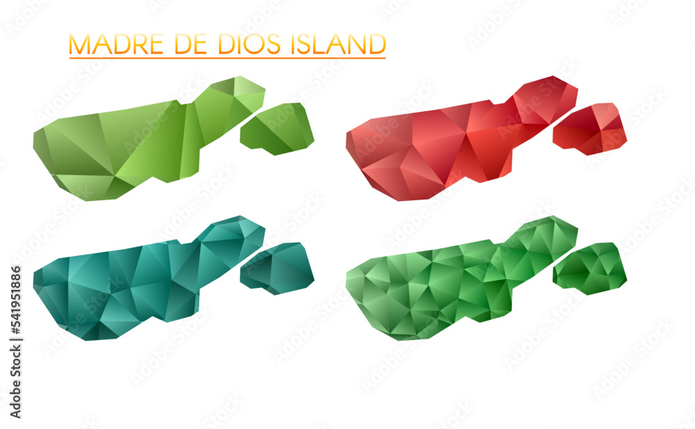 Poster set of vector polygonal maps of madre de dios island. bright gradient map of the island in a low pol