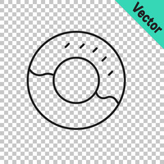 Black line Donut with sweet glaze icon isolated on transparent background. Vector