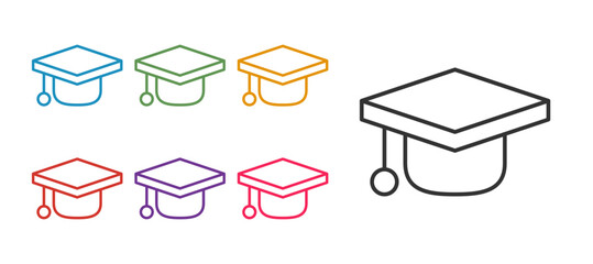 Set line Graduation cap icon isolated on white background. Graduation hat with tassel icon. Set icons colorful. Vector
