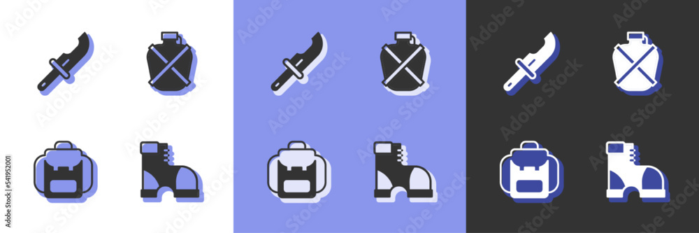 Canvas Prints Set Hunter boots, knife, Hiking backpack and Canteen water bottle icon. Vector