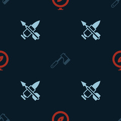 Set Compass, Wooden axe and Crossed bullet with arrow on seamless pattern. Vector
