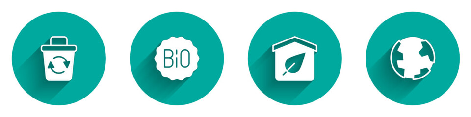 Set Recycle bin, Banner for bio, Eco friendly house and Earth globe icon with long shadow. Vector