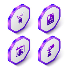 Set Isometric Electric saving plug in leaf, Radioactive waste barrel, World Earth day and CO2 emissions cloud icon. Purple hexagon button. Vector