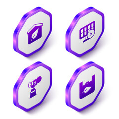 Set Isometric Eco friendly house, Solar energy panel, CO2 emissions in cloud and Shopping bag with recycle icon. Purple hexagon button. Vector