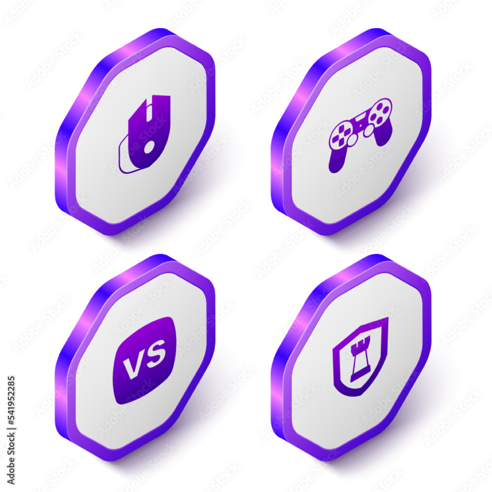Poster set isometric computer mouse, game controller or joystick, vs versus battle and chess shield icon. p