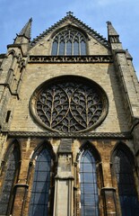 Outside  and south side of the Bishop's eye window of Lincoln cathedral .round shape of window and...