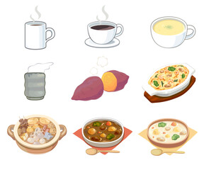 冬の飲み物と食べ物のイラストセット