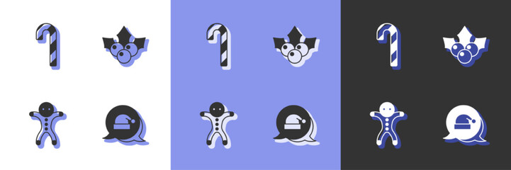 Set Christmas Santa Claus hat, Candy cane with stripes, Holiday gingerbread man cookie and Branch viburnum icon. Vector