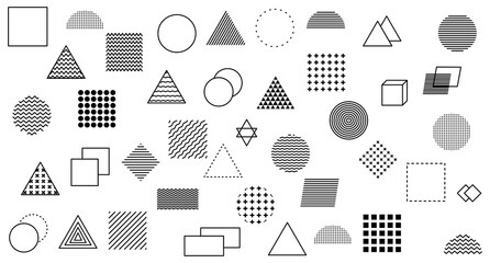 Set 100 geometric shapes. Memphis design, retro elements for web, vintage, advertising, commercial banners, posters, flyers, billboards, sales. Trendy collection of halftone vectors of geometric shape