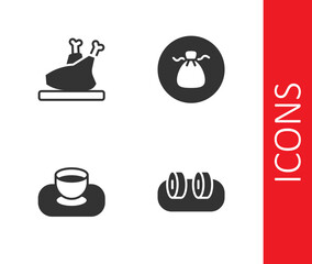 Set Sushi, Roasted turkey or chicken, Soy sauce in bowl and Wonton icon. Vector