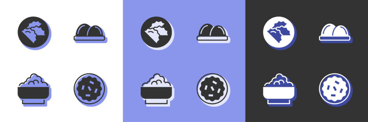 Set Homemade pie, Dumpling, Rice bowl and Sushi icon. Vector