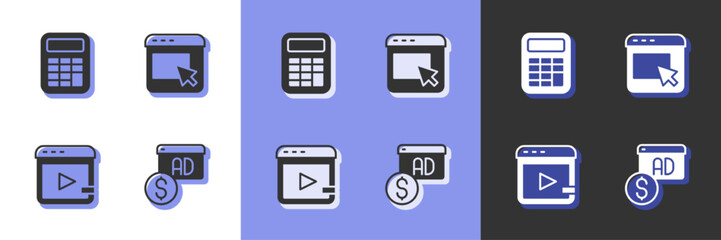 Set Advertising, Calculator, Video advertising and icon. Vector