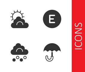 Obraz premium Set Umbrella, Sun and cloud weather, Hail and Compass west icon. Vector