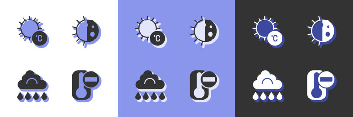 Set Thermometer, Sun, Cloud with rain and Day night cycle icon. Vector