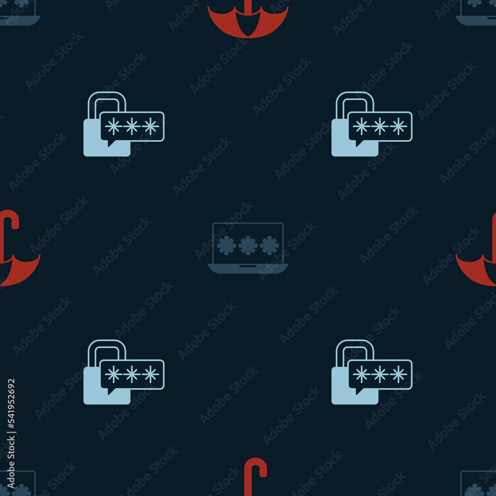 Poster set umbrella, laptop with password and cyber security on seamless pattern. vector