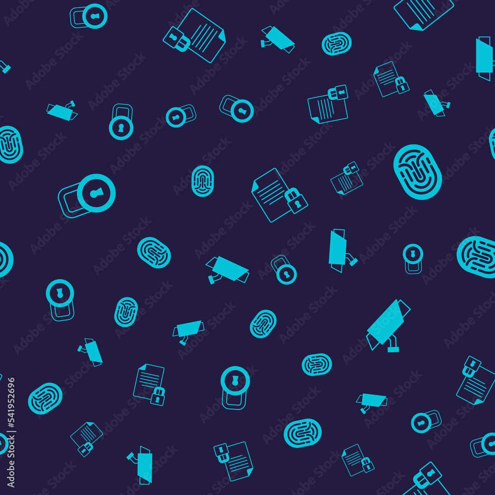 Poster set lock, fingerprint, document and lock and security camera on seamless pattern. vector
