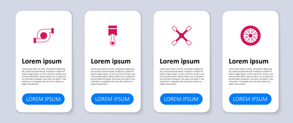 Set Alloy wheel for car, Wheel wrench, Engine piston and Automotive turbocharger. Business infographic template. Vector
