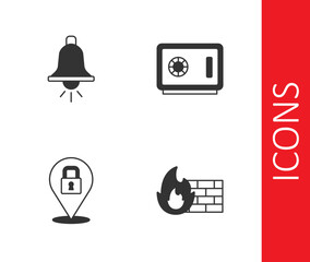 Set Firewall, security wall, Ringing alarm bell, Lock and Safe icon. Vector