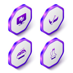 Set Isometric Flag Italy, Gondola boat, Pasta spaghetti and Bottle of olive oil icon. Purple hexagon button. Vector