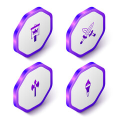 Set Isometric Medieval flag, Crossed medieval sword, axe and Torch flame icon. Purple hexagon button. Vector