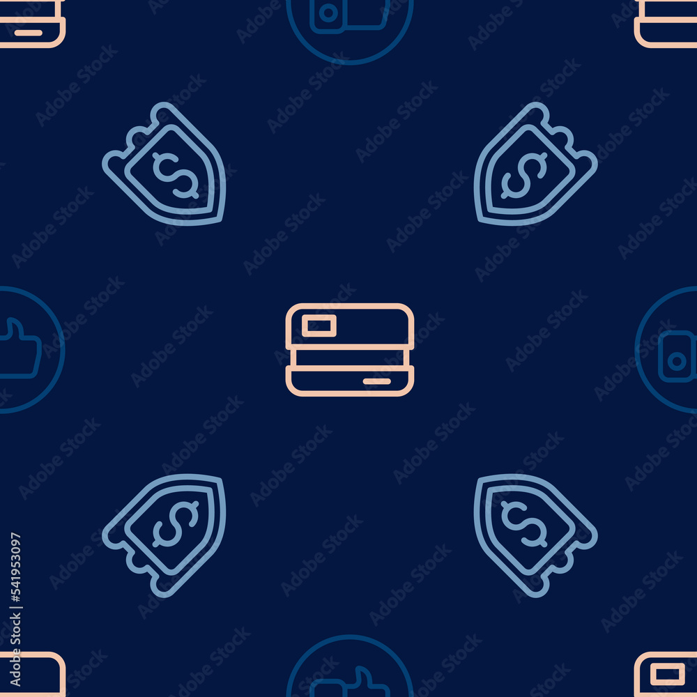 Poster set line hand like, shield with dollar and credit card on seamless pattern. vector