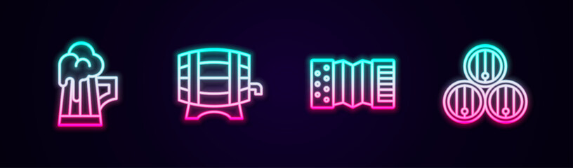 Set line Wooden beer mug, barrel on rack, Accordion and . Glowing neon icon. Vector