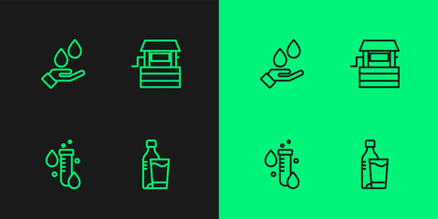 Set line Bottle of water with glass, Test tube drop, Washing hands soap and Well icon. Vector