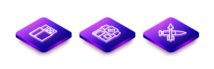 Set Isometric line Open matchbox and matches, Hunting shop and Crossed bullet with arrow icon. Vector