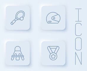 Set line Tennis racket with ball, Racing helmet, Badminton shuttlecock and Medal. White square button. Vector