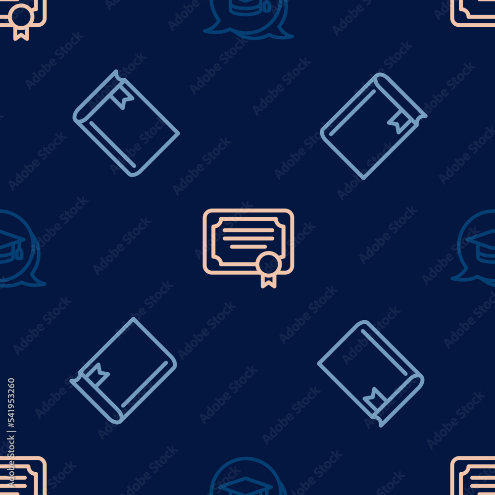 Poster set line graduation cap in speech bubble, book and certificate template on seamless pattern. vector