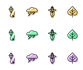 Set line Corn, Kite, Cloud and lightning and Leaf icon. Vector