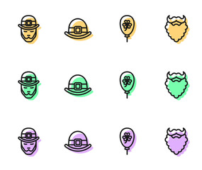 Set line Balloon with clover trefoil leaf, Leprechaun, hat and Mustache and beard icon. Vector