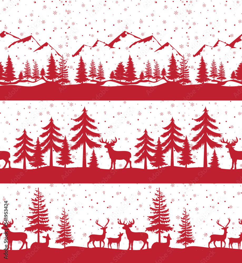 Wall mural Christmas seamless pattern. Snow winter landscape with deer. Merry christmas greeting card.