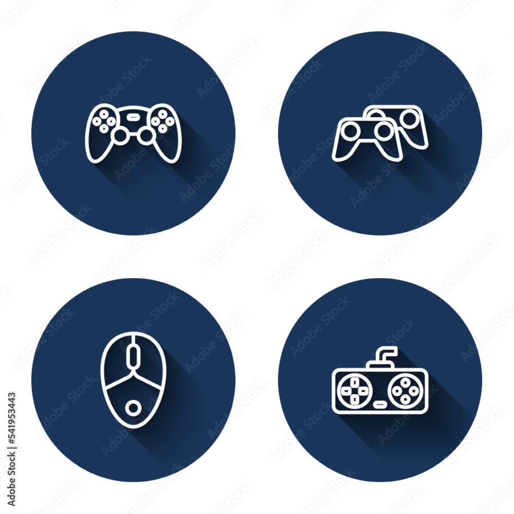 Poster set line game controller or joystick, computer mouse and with long shadow. blue circle button. vecto