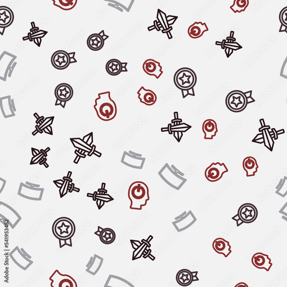 Poster set line sword for game, game rating with medal, computer monitor and power button on seamless patte