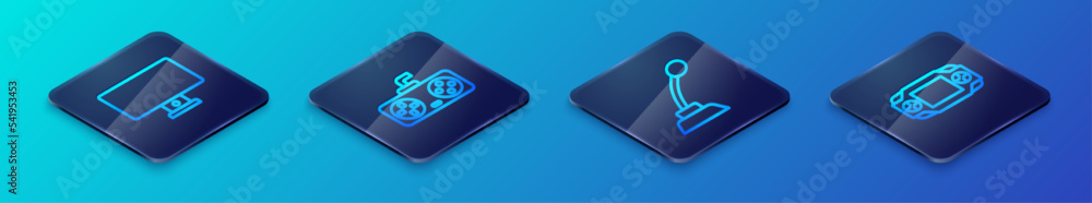Poster set isometric line microphone, computer monitor, portable video game console and game controller joy