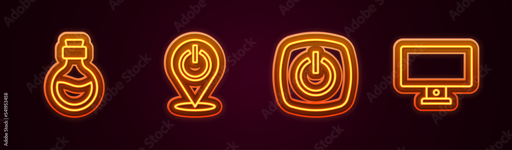 Poster set line bottle with magic elixir, power button, and computer monitor. glowing neon icon. vector