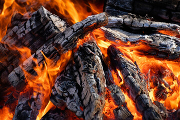 A bonfire of firewood in close-up. Red-hot coals in the fire. Heating of the house.