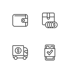Fototapeta premium Set line Mobile shopping, Armored truck, Wallet and Item price tag with dollar icon. Vector